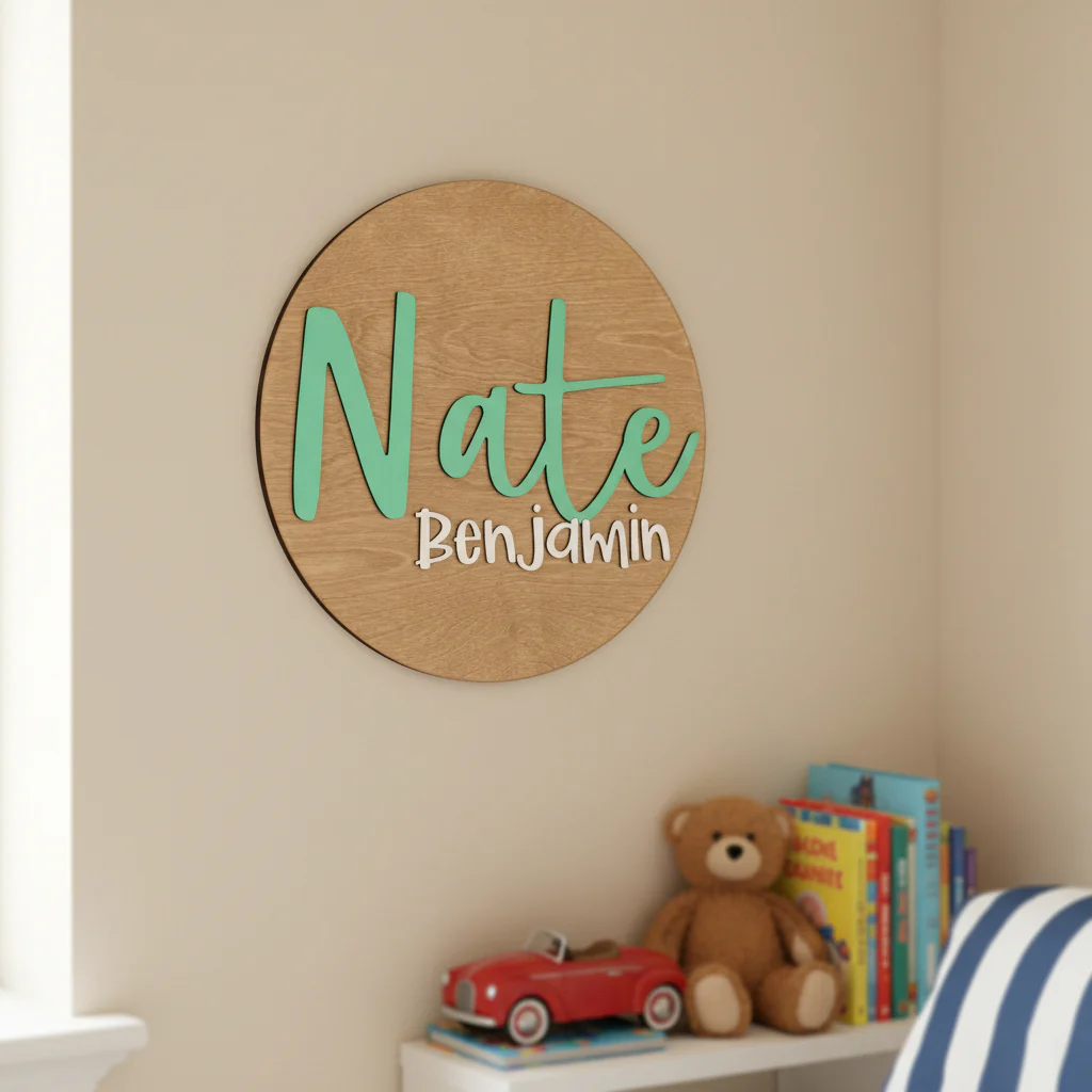 Round Wood Nursery Name Sign for Kids’ Rooms - Image 4